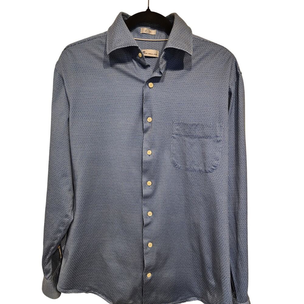 Peter Millar Blue Patterned Men's Dress Shirt Cotton Large Button Up